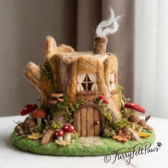 Needle Felted Tree Stump Fairy House, Handmad...