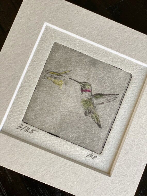 Hand-Colored Hummingbird Etching: Matted Bird...