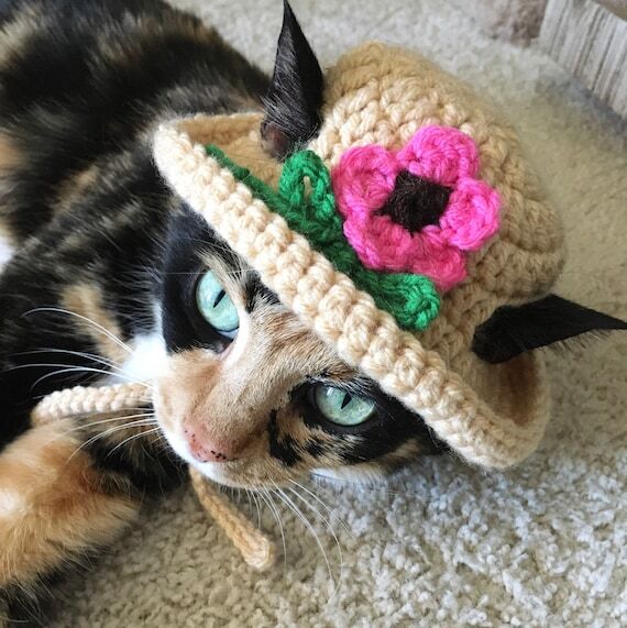 Crochet Pink Flower Cat Hat, Summer Pet Costu...
