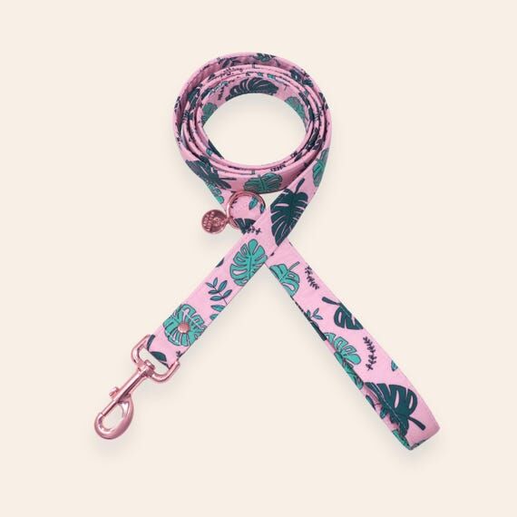 Pink Monstera Dog Leash, Tropical Palm Leaf P...