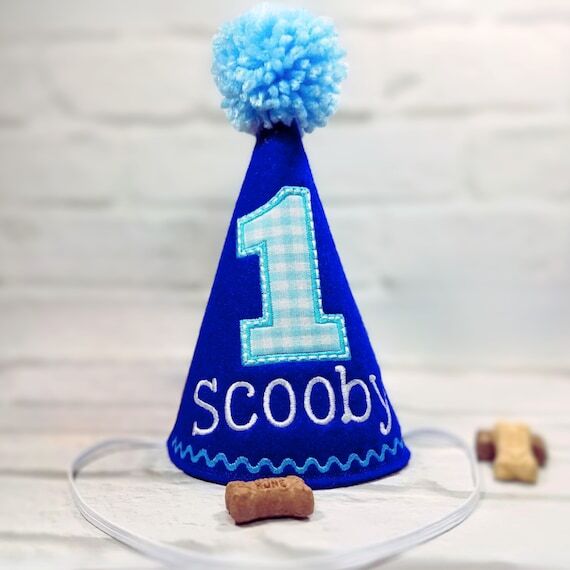 Dog Birthday Party Hat Blue Gingham Personali...