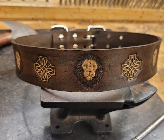 Dog Collar, Leather Dog Collar, Lion Head, Da...