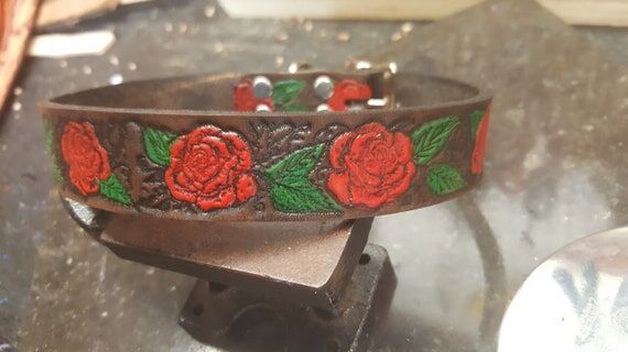 Dog Collar, Leather Dog Collar, Roses, Handma...