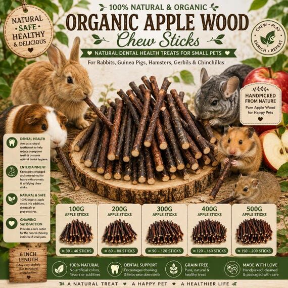 Organic Apple Wood Chew Sticks for Small Pets...