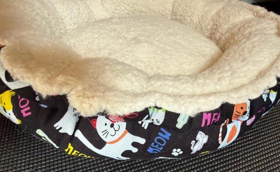 Black with Cat Print Kitty Bed with Natural C...