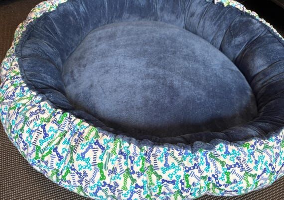 Handmade Blue Dog Bed, Blue & Green Bones Pat...