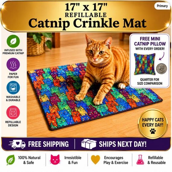 Refillable Catnip Crinkle Mat: Handmade, Wash...