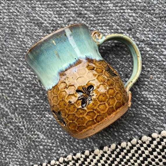 Handmade Bee Pottery Mug: Honeycomb Design, S...