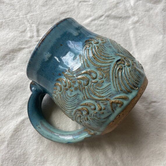 Handmade Pottery Mug: Textured Wave Design, O...