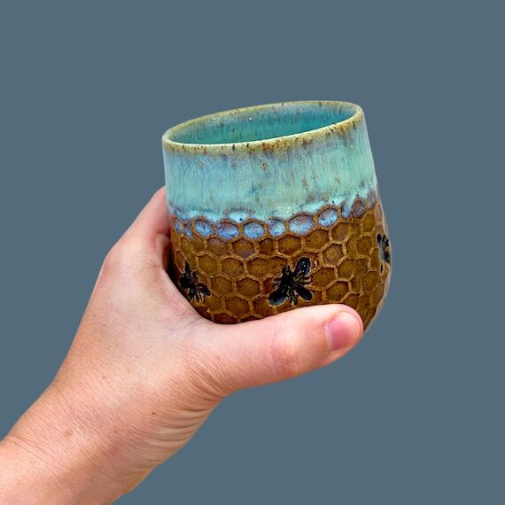 Handmade Bee Pottery Tumbler: Honeycomb Steml...