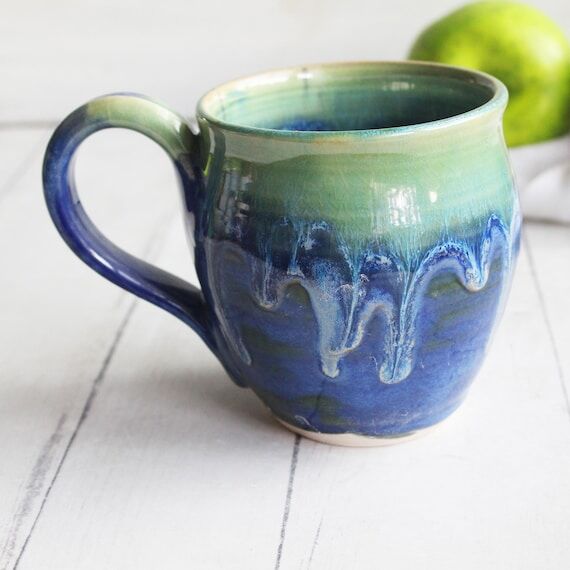 Handmade Pottery Mug: Dripping Green and Blue...