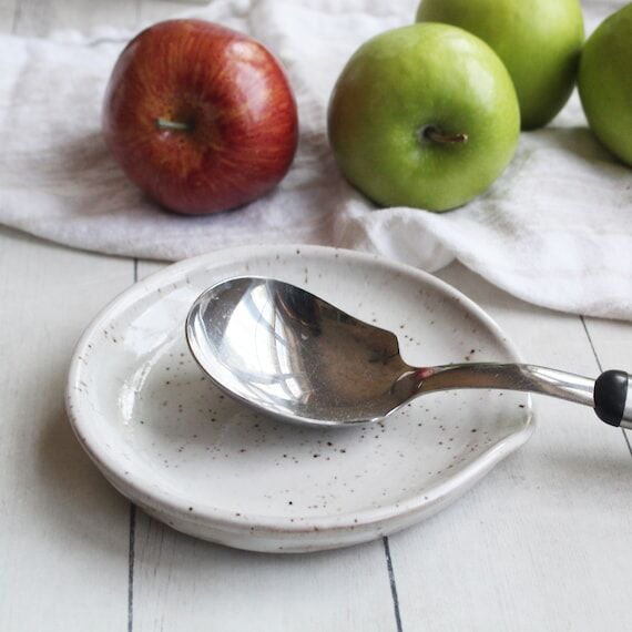 Large Handmade Speckled Pottery Spoon Rest: C...