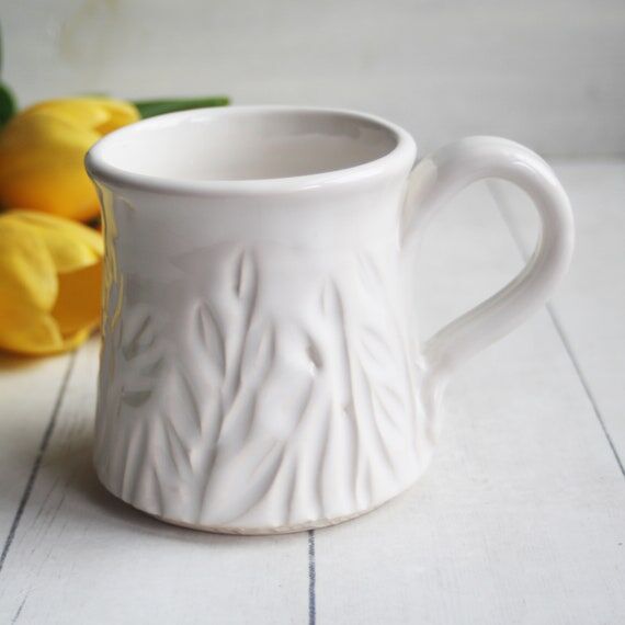 Hand Carved Pottery Mug: White Stoneware with...