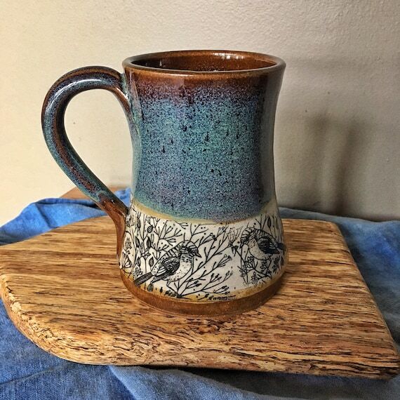 Handmade Turquoise Pottery Mug: Bird & Floral...