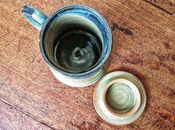 Handmade Pottery Tea Mug with Lid: Sage Green...