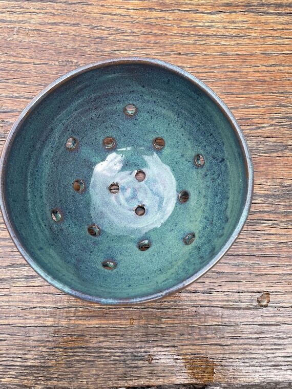 Berry Bowl, small pottery colander in turquoi...
