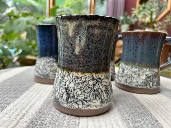 Handmade Pottery Mug With Garden Flower Patt...