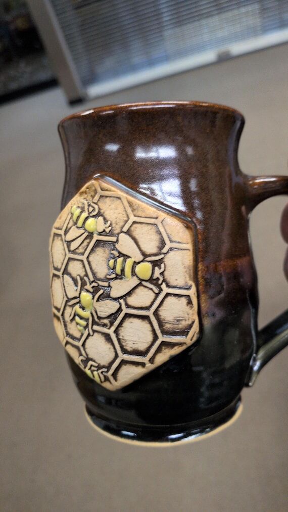 Pottery handmade coffee mug with bees beehive...