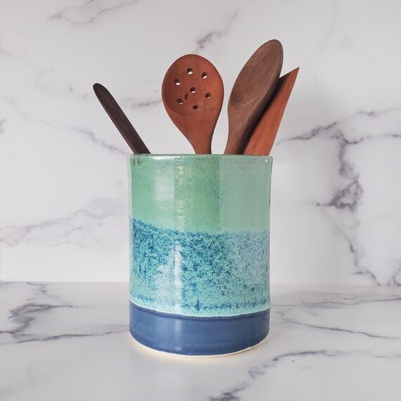 Handmade Ceramic Utensil Holder: Seafoam/Deni...