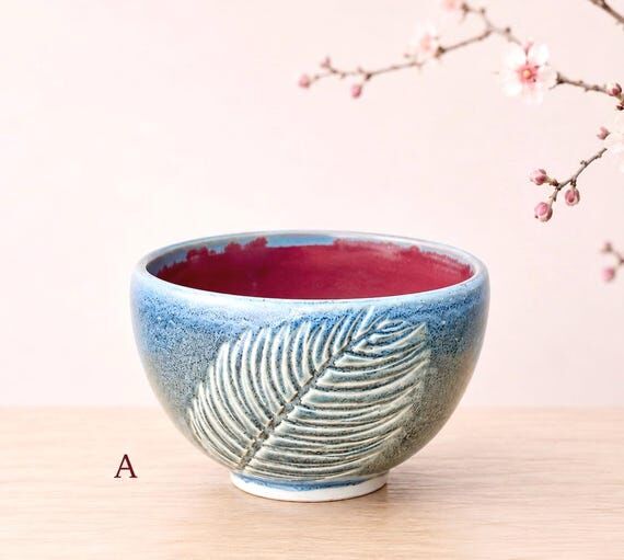 Zen Palm Leaf Ceramic Bowl, Blue & Crimson Ja...
