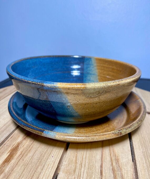 Handmade Pottery Bowl and Plate Set, Blue & R...