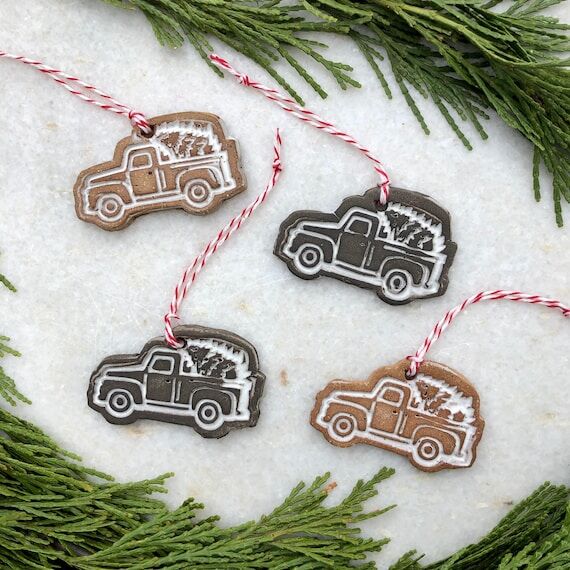 Handmade Ceramic Christmas Truck Ornament: Fa...