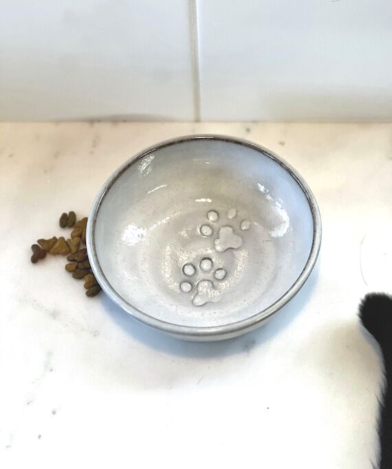 Handmade 8 oz. Pet Bowl ~ White with Paw Prin...