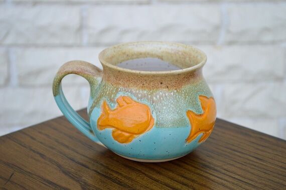 Light Blue Fish Handmade Pottery Mug, 14oz...