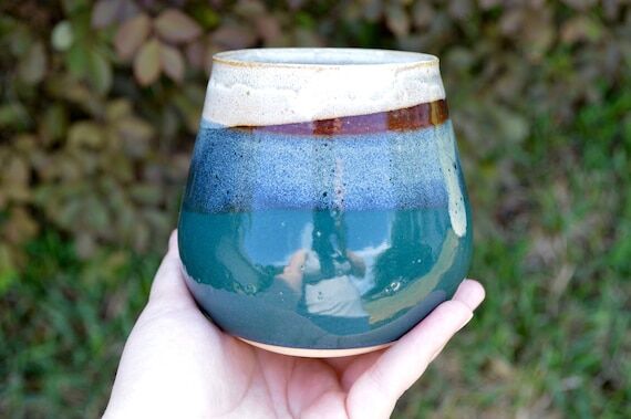 Teal Handmade Pottery Wine Tumbler, 16oz...