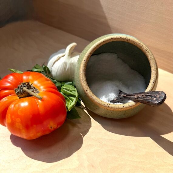 Hand-thrown Ceramic Salt Cellar with Palmwood...
