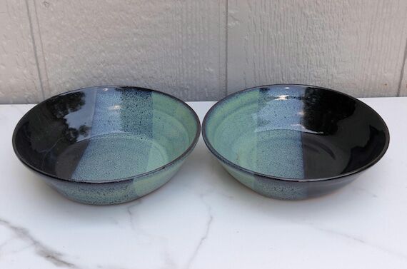 Handmade Black and Seafoam Green Cereal Bowls...