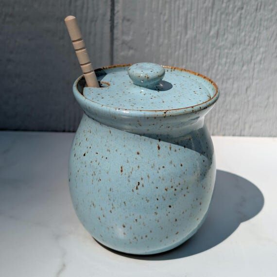 Speckled Robin's Egg Blue Sugar Bowl, Honey P...