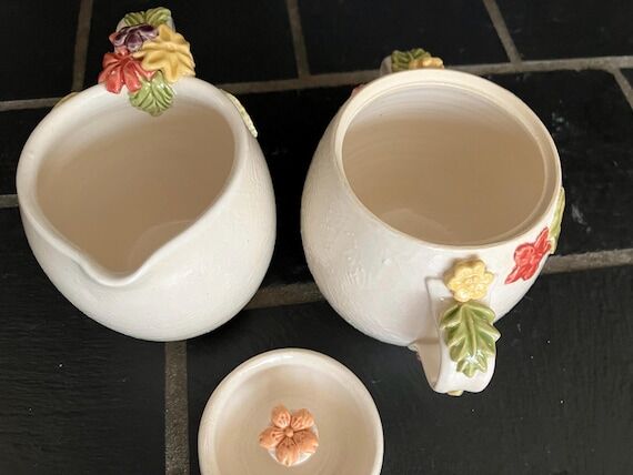 Floral Victorian Cream and Sugar Bowl Set, Ha...