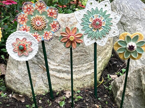 Ceramic Flower Set: Yellow, Green, Pink & Pur...