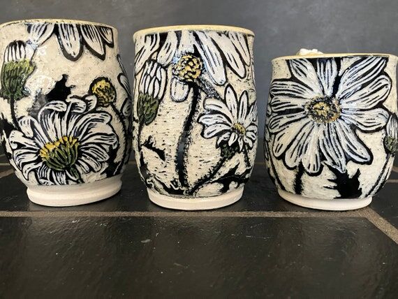 Hand-Carved Daisy Sgraffito Stoneware Mugs, W...