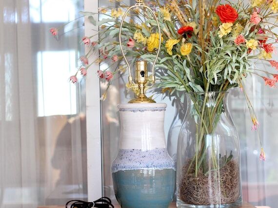 Handmade, wheel-thrown blue table lamp base...