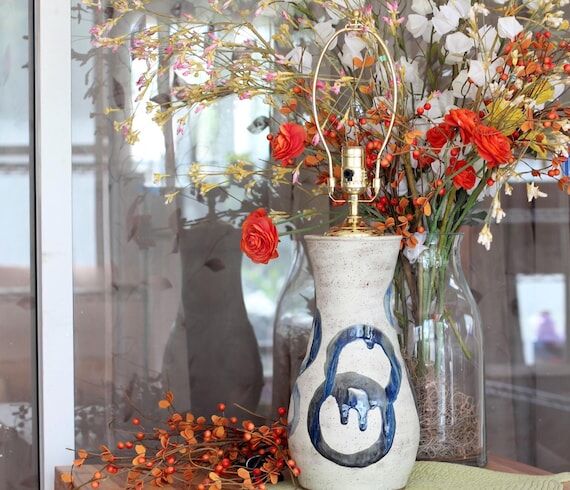 Handmade, wheel-thrown pottery table lamp bas...