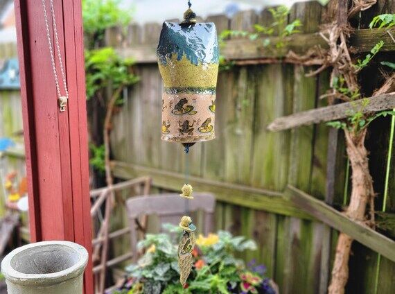 Handmade Ceramic Garden Bell, Frog Lily Pad D...