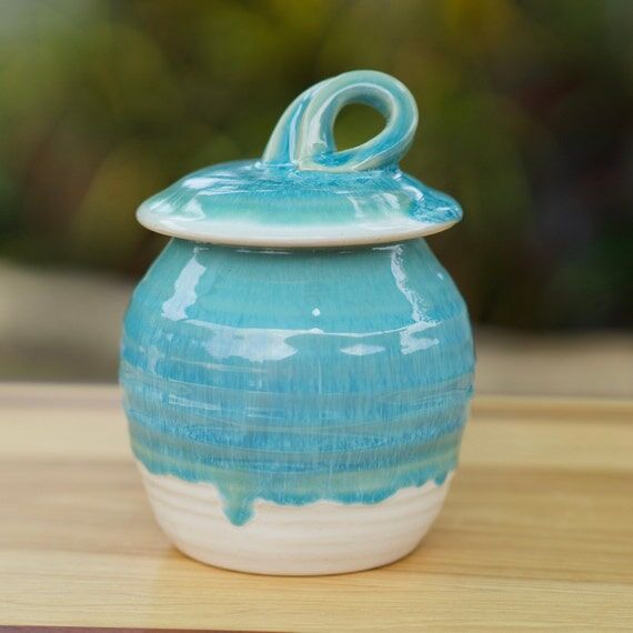 Pottery Sugar Bowl/Honey Jar in Turquoise gl...