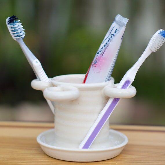 Pottery Toothbrush Holder in White Glaze...