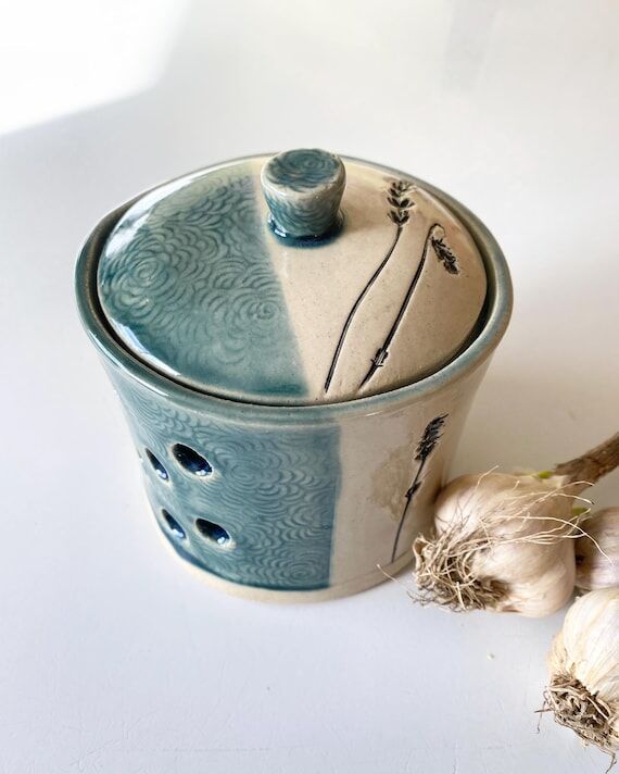 Ceramic Garlic Keeper with lavender imprint, ...