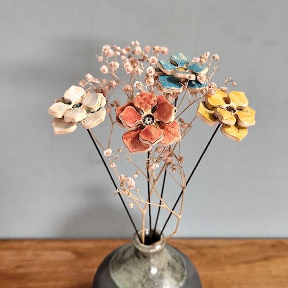 Ceramic Hydrangea Bouquet Flower On Stems. C...