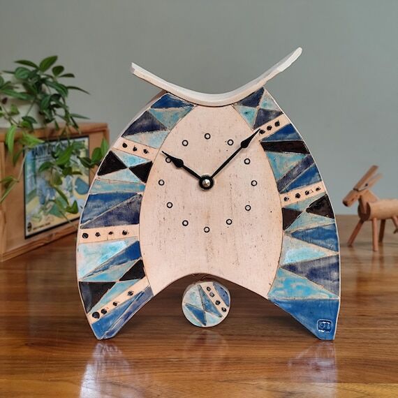 Handmade Pottery Large Mantel Clock: Blue Tri...