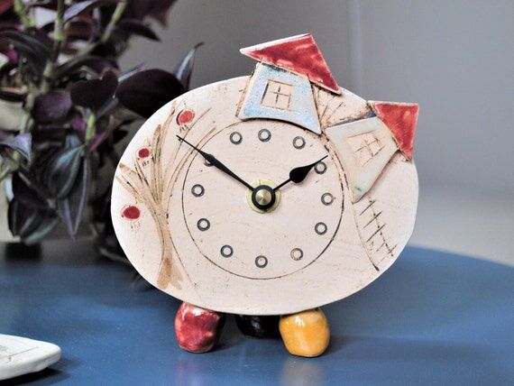 Handmade Ceramic Mantel Clock: House & Tree D...