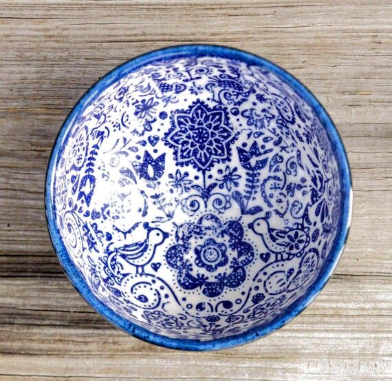 small blue and white pottery bowl, blue and w...