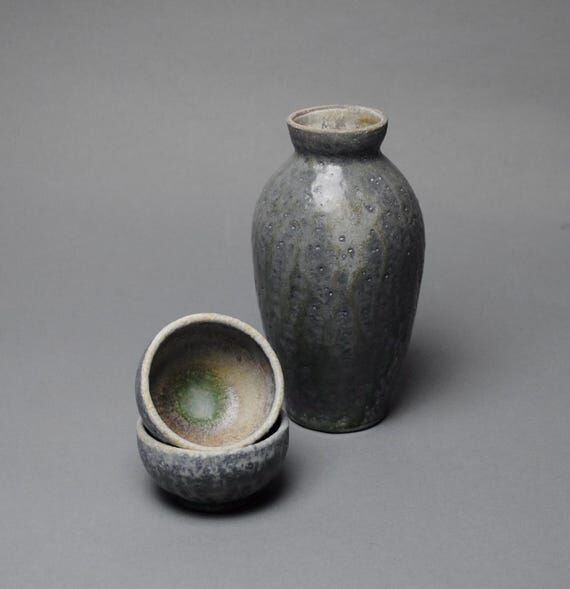 Sake Whiskey Set with Two Cups Wood Fired Y...
