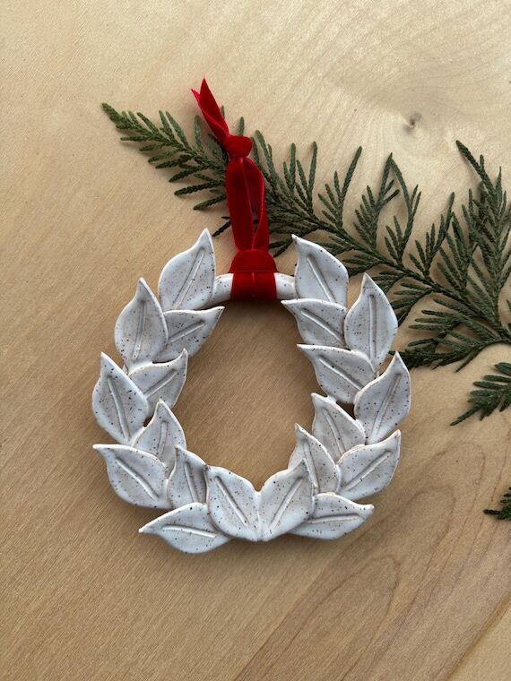 White Laurel Leaf Ceramic Wreath, White Gloss...