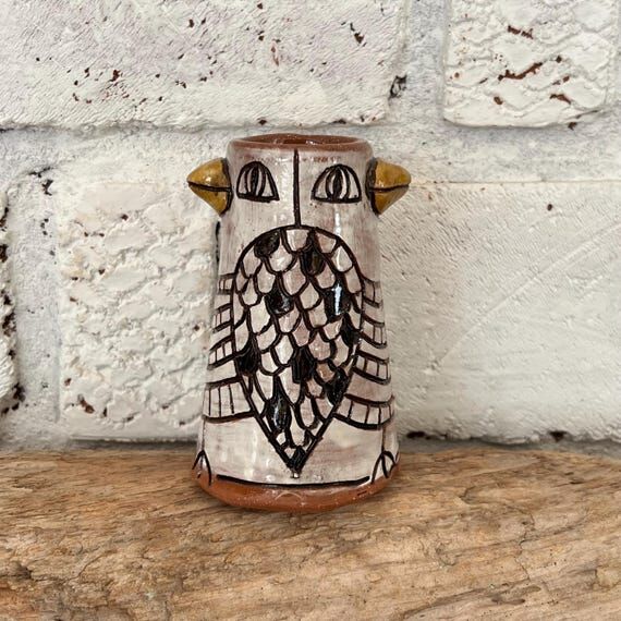 Handmade Whimsical Bird Bud Vase, Black White...