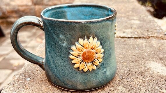 Handmade Hand-Painted Stoneware Sunflower Mug...