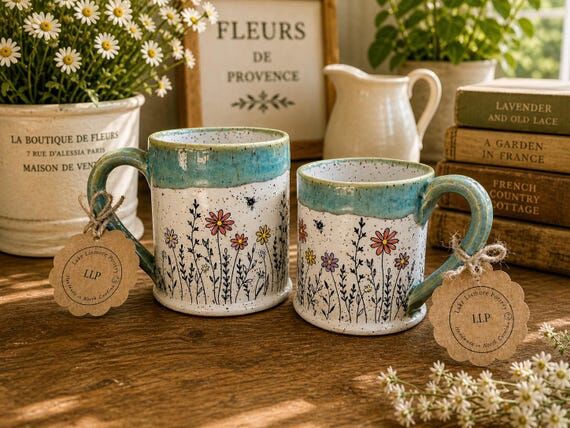 Boho Floral Handmade Pottery Mugs Wheel Throw...